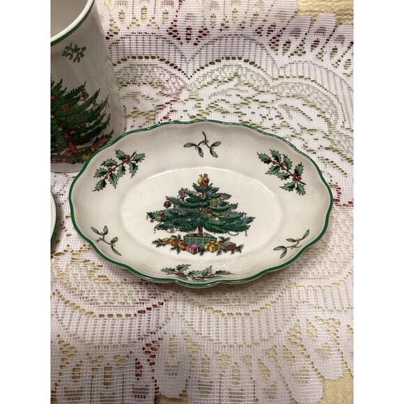 Spode England Christmas Tree Small Oval Platter & Coffee Cup with Coaster - Picture 5 of 12